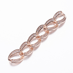 Rose Gold Brass Micro Pave Cubic Zirconia Links, Strip, Rose Gold, 50x9x3mm, Hole: 3x8mm