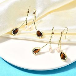 Настоящее золото 14K Серьги с натуральным жемчугом, с латунной найти, стекло и 925 серебряная булавка, реальный 14 k позолоченный, 44.5x23 мм