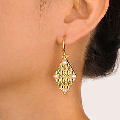 Rhombus Серьги-подвески из латуни с имитацией жемчуга, золотые, ромб, 50x20 мм