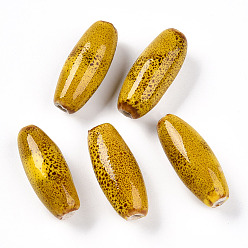 (932FM) Темно-синий аква-матовый с подкладкой Фарфоровые бусины ручной работы, фантазии античного стекла фарфора, овальные, темно-золотистые, 30~32x12~13.5 мм, отверстие : 2~3.5 мм