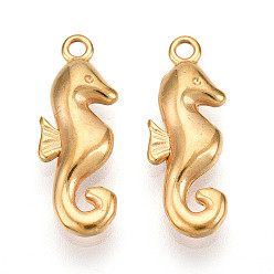 Настоящее золото 18K 304 подвески из нержавеющей стали, ионное покрытие (ip), прелести морских коньков, реальный 18 k позолоченный, 17x6x3 мм, отверстие : 1.2 мм