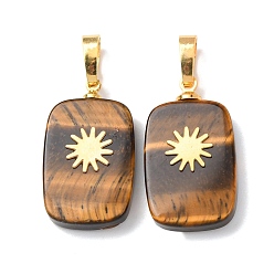 Тигровый глаз Природных тигровый глаз подвески, с латунной фурнитурой и 304 кабошонами из нержавеющей стали, золотые, Прямоугольные подвески с узором в виде солнца, 23~23.5x13~13.5x3.5~4.5 мм, отверстие : 7.5x4 мм