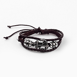 Coconut Brown Adjustable Multi-strand Leather Cord Bracelets, with Alloy Findings, Antique Silver Anchor, Coconut Brown, 60mm(2-3/8 inch)