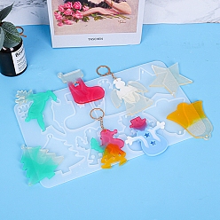 White Christmas Theme DIY Keychain Silicone Molds, Resin Casting Molds, for UV Resin, Epoxy Resin Jewelry Making, Mixed Shapes, White, 298x178x6.5mm, Hole: 3.5mm, Inner Diameter: 70~86.5x54~79.5mm