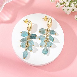 Golden Brass with Raw Rough Natural Aquamarine Beads Stud Dangle Earrings, Golden, Golden, 56mm