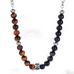 Нержавеющая Сталь Цвет Ожерелье из натуральных бусин тигрового глаза и обсидиана с цепочками из нержавеющей стали для мужчин., цвет нержавеющей стали, 304 дюйм (19.69 см)