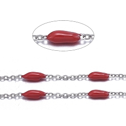 Красный Ручной цепи эмаль бисера, с цепями из нержавеющей стали и шпулей, пайки, цвет нержавеющей стали, красные, 1.5x1x0.1 мм, около 32.8 футов (10 м) / рулон