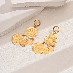 Настоящее золото 18K Винтажные латунные серьги-кольца с кисточками из монет, реальный 18 k позолоченный, 60x30 мм