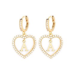 Letter A Латунные серьги-кольца в форме сердца, с четким кубического циркония, золотые, буква a, 31x18 мм