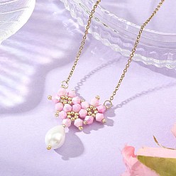 Rose Nacré Pendentif en forme de larme orné de perles de verre électroplaquées 304 Colliers à chaîne câble en acier inoxydable, or, perle rose, 16.54 pouce (42 cm)