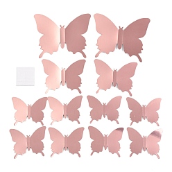 Pink 3D PLastic Mirror Wall Stickers, with Adhesive Tape, for Home Living Room Bedroom Wall Decorations, Butterfly, Pink, 52~91x63~107x0.2mm, 12pcs/set