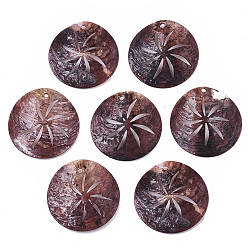 Brun Saddle Pendentifs shell akoya naturel, pendentifs en nacre, teint, plat rond, selle marron, 33x5~7mm, Trou: 1.6~2mm