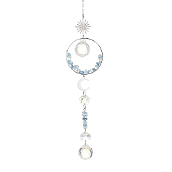 Aquamarine Glass Beads & Natural Aquamarine Chip Beads & Brass Hanging Suncatchers, Sun & Moon, for Garden Window Ornaments, 315mm