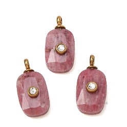 Rhodonite Natural Rhodonite Faceted Pendants, Rectangle Charms with 304 Stainless Steel Crystal Rhinestone Findings, Ion Plating(IP), Real 14K Gold Plated, 16~16.5x8x6mm, Hole: 1.8mm