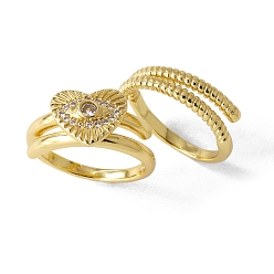 Сердце Двойные кольца из латуни с микропаве и кубическим цирконием для женщин, золотые, сердце, внутренний диаметр: 17 мм, 2 шт / комплект