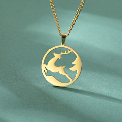 Golden 304 Stainless Steel Ring with Christmas Deer Pendant Necklaces for Unisex, Golden, 17.72 inch(45cm)