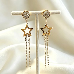 Golden 304 Stainless Steel & Crystal Rhinestone Stud Dangle Earrings for Women, Star with Octagon, Golden, 70mm