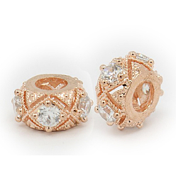 Розовое Золото Латуни кубического циркония европейские шарики, рондель, розовое золото , 12.5x6.5 мм, отверстие : 5 мм