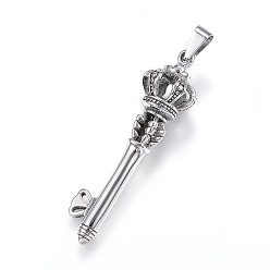 Античное Серебро 304 из нержавеющей стали большие кулоны, Ключ и корона, античное серебро, 60x16 мм, отверстие : 5x9 мм