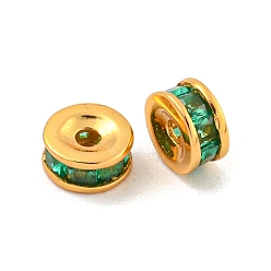 Зеленый 925 бусины фианиты микропейв стерлингового серебра, плоско-круглые, реальный 18 k позолоченный, зелёные, 4.5x2.5 мм, отверстие : 0.9 мм