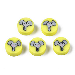 Yellow Handmade Polymer Clay Beads, for DIY Jewelry Crafts Supplies, Flat Round with Elephant, Yellow, 9~9.5x3.5~5mm, Hole: 1.6mm