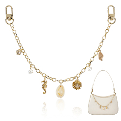 Золотой Сплав и 304 нержавеющая сталь и натуральный пресноводный жемчуг и натуральная ракушка каури подвеска в виде морского конька латунный трос цепочка сумка декоративные цепочки, с поворотными застежками, аксессуары для замены сумок, золотые, 338 мм