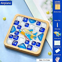 Airplane Kit para hacer posavasos de mosaico casero, con pegamento de látex blanco, Esponja de limpieza y guante desechable, estera de bambú y mosaicos de vidrio, lechada de cristal, parches de dibujos animados, avión, 48x30x2 mm