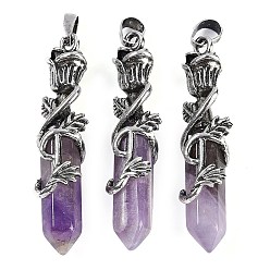 Аметист Натуральный аметист ограненный двойной конечный заостренный большой кулон, Подвески в виде шестиугольной призмы с розой в оболочке из сплава, античное серебро, 51~53x14x10.5 мм, отверстие : 4.5 мм