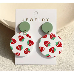 Темный Морско-зеленый Акриловые болтаться серьги стержня, плоские круглые с клубничным рисунком, темно-зеленый, 47x32 мм