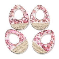 Светло-Вишневый Деревянные подвески, смола и золотая фольга, слеза, светло-вишневый, 37.5x28x4 мм, отверстие : 2 мм