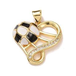 Золотой Латунные микропаве прозрачные подвески с фианитом, с эмалью, футбол с подвесками в виде сердечек, золотые, золотые, 21.5x21.5x5.5 мм, отверстие : 5x3 мм