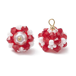 Красный Стеклянные подвески, цветок, со стеклянными бусинами и латунной петлей, граненые, красные, 17.5x16 мм, отверстие : 2.3 мм