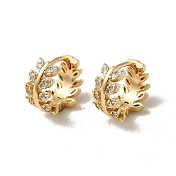 Light Gold Brass Micro Pave Cubic Zirconia Hoop Earring, Leaf, Light Gold, 13x7.5mm