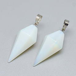 Opalite Opalite Pendants, with Platinum Tone Brass Findings, Bicone, 36~38x16.5x14.5~15mm, Hole: 5x8mm