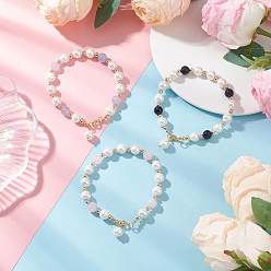 Смешанные камни 3 шт. 3 стили браслеты из круглых бусин из ракушечного жемчуга, натуральных и синтетических драгоценных камней для женщин, 8-1/4 дюйм (21 см), 1 шт / стиль