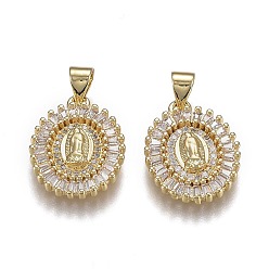 Настоящее золото 18K Кулоны из латуни mirco pave прозрачные кубические циркония, леди гваделупской чары, долговечный, для религии, с кнопкой на поруки, плоская круглая и девы марии, реальный 18 k позолоченный, 18.5x14.5x3 мм, отверстие : 5 мм