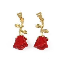 Красный Латунные подвески, без кадмия, без никеля и без свинца, с эмалью, выросли прелести, реальный 18 k позолоченный, красные, 23x10x9 мм, отверстие : 5x3 мм