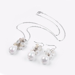 White Moonstone Наборы украшений из натурального белого лунного камня, кулон ожерелья и серьги болтаться, с пружинными кольцами и латунными вставками, ракушка жемчужная бусина, 17.9 дюйм (45.7 см), 49~51 мм, штифты : 0.6 мм