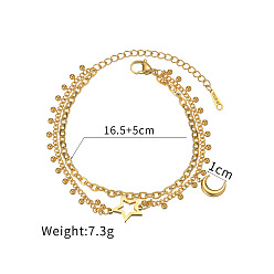 Lune 304 Breloque en acier inoxydable ornée de strass 2 Bracelets à plusieurs rangs pour femmes, or, lune, 6.50 pouce (16.5 cm)
