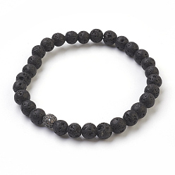 Metallgrau Natürliche Lava Rock Perlen Stretch Armbänder, mit Messing micro pave Zirkonia Zubehör, Runde, Metallgrau, 2 Zoll (5 cm), Feld: 9x6.5x2.7cm