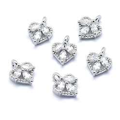 Real Platinum Plated Eco-Friendly Brass Charms, with Cubic Zirconia, Lead Free & Cadmium Free & Nickel Free, Heart, Clear, Real Platinum Plated, 10x8x3mm, Hole: 1.5mm