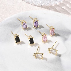 Mixed Color Brass Micro Pave Clear Cubic Zirconia Stud Earrings, Rectangle, Long-Lasting Plated, Rack Plating, Lead Free & Cadmium Free, Real 18K Gold Plated, Mixed Color, 9x5mm
