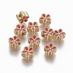 Red Brass Enamel Beads, Long-Lasting Plated, Flower, Real 18K Gold Plated, Red, 7x3.3mm, Hole: 1.6mm