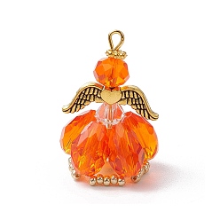 Темно-Оранжевый Граненые подвески стекла, ангельское очарование, с крылом из античного золотого сплава и золотой железной петлей, стеклянными жемчужными бусинами и стеклянными бусинами, темно-оранжевый, 31x20x20 мм, отверстие : 2 мм
