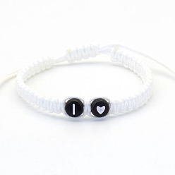 Letter I Бусины из смолы плетеные браслеты из бисера, регулируемые плетеные браслеты из полиэфирного шнура для мужчин и женщин, плоский круглый с буквой и сердцем, Буква "i", 6.30~11.81 дюйм (16~30 см)