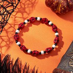 Красный Браслеты из синтетической бирюзы и стеклянных бусин, эластичные браслеты для мужчин и женщин, череп, красные, внутренний диаметр: 2~2-1/8 дюйм (5~5.4 см)