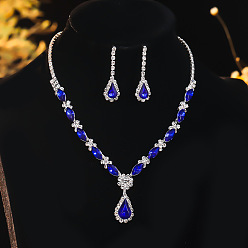 Сапфир Ожерелье из сплава в форме капли с подвеской из горного хрусталя и серьгой-гвоздиком, серебряные, сапфир, 320 мм