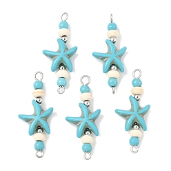 Темно-бирюзовый Подвески-коннекторы из синтетических окрашенных бирюзовых морских звезд в форме ронделей, с 304 петлями из нержавеющей стали, цвет нержавеющей стали, темные бирюзовый, 33.5~34x14~14.5x5~5.5 мм, отверстие : 1.8~2 мм