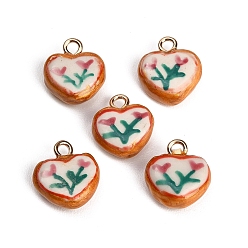Cerise Handmade Porcelain with Brass Pendants, Heart with Flower Charms, Hand Painted, Famille Rose Porcelain, Golden, Cerise, 16.5~19x15.5x7mm, Hole: 2.5~3mm