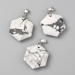 Howlite Faceted Natural Howlite  Pendants, with Platinum Tone Brass Findings, Hexagon, 28x25x9mm, Hole: 4x5mm